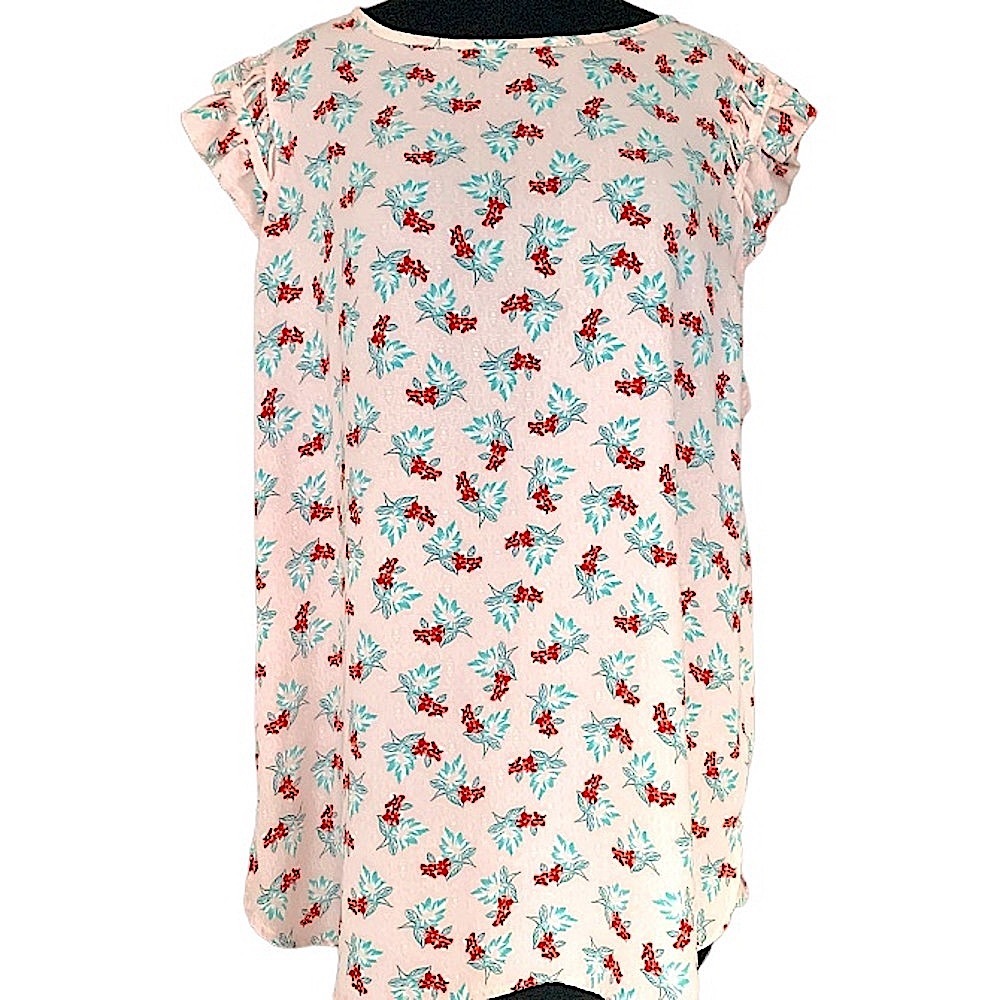 LOFT Pink Floral Ruffle Cap Sleeve Blouse Size XL